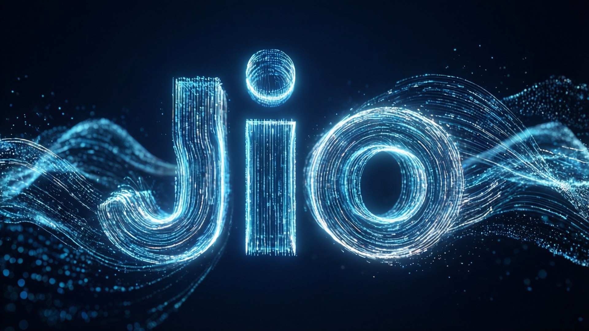 桌布 壁紙 — 在深色背景上由流動數位粒子形成的發光藍色「Jio」標誌。