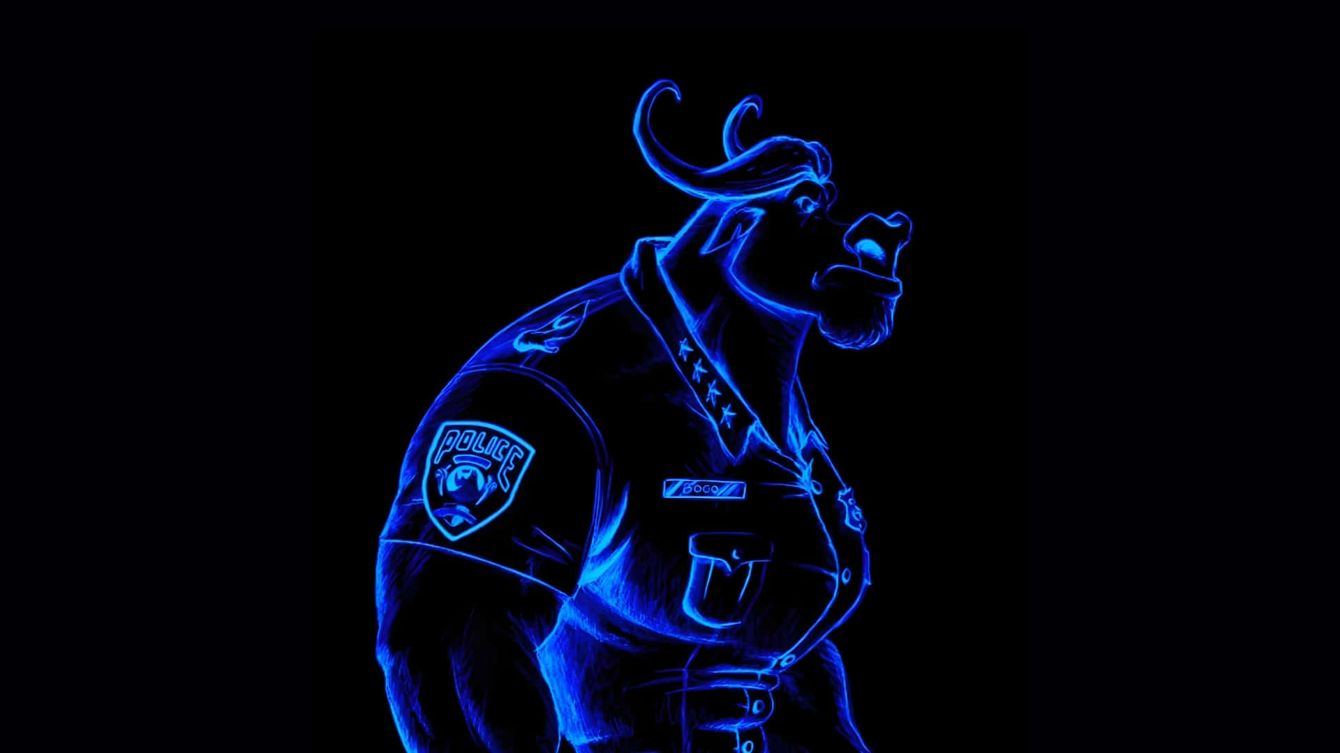  壁紙 — 一隻穿著警察制服嘅公牛嘅發光藍色霓虹輪廓，企喺黑色背景前面。
