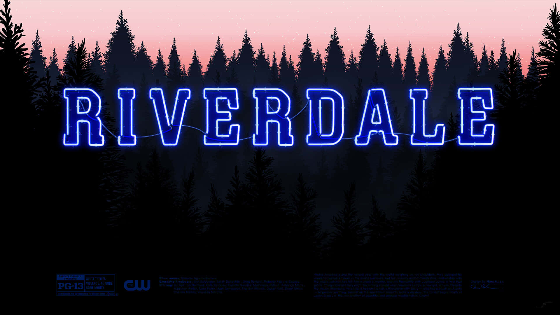 霓虹燈牌寫著 Riverdale，背景是暮色中的森林。