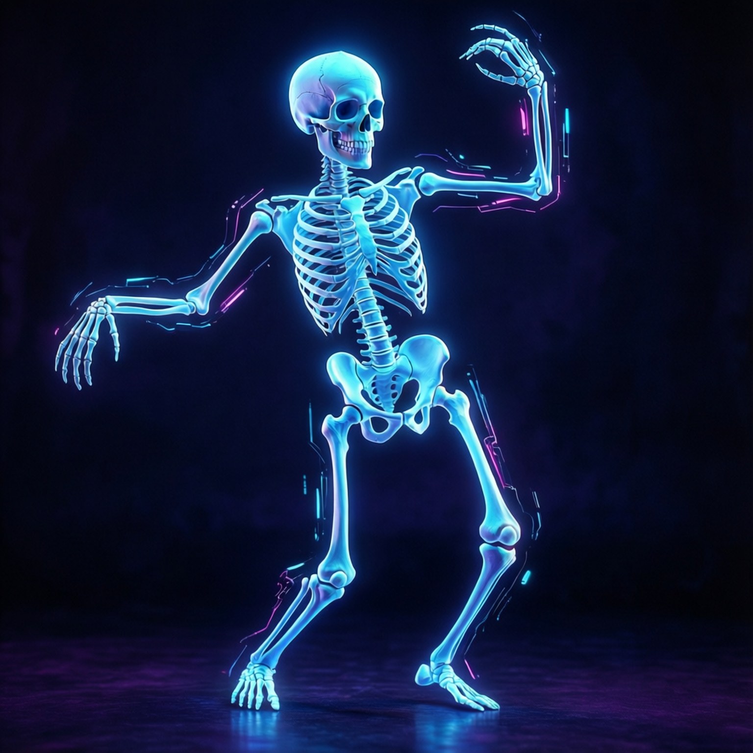 Neon Blue Skeleton 壁紙 — 一個發光的藍色骷髏在帶有霓虹紫色點綴的黑暗背景上動態地跳舞。