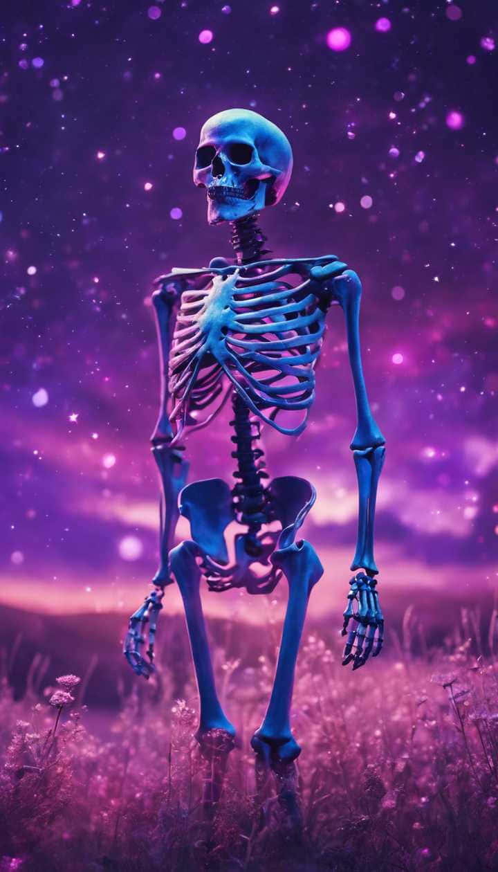  壁紙 — 一個發光的藍色骷髏高聳在紫色花田中，背景是星光燦爛的宇宙天空。