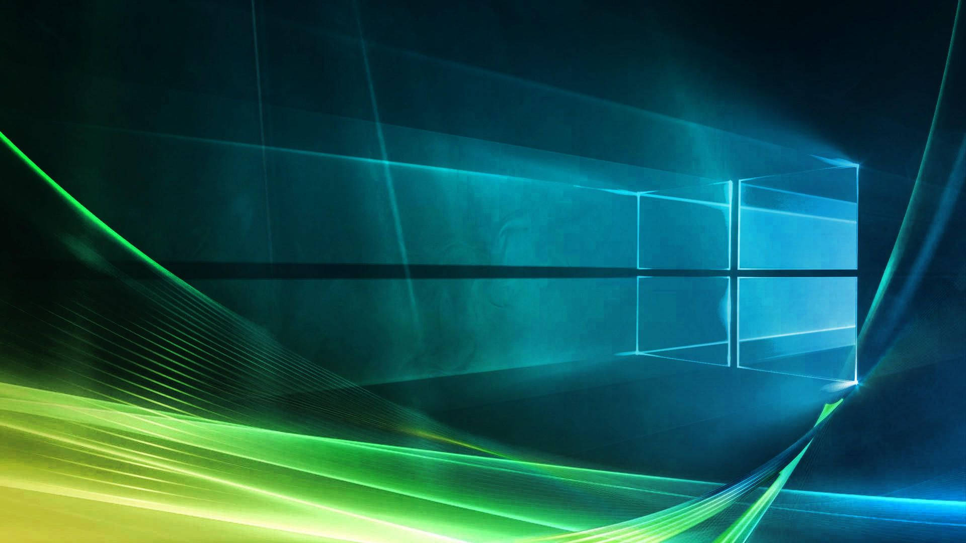 數位化 Windows Vista 標誌 壁紙 — 一個發光的藍色窗口標誌，由動態的綠色和黃色光條框住，背景為深色。
