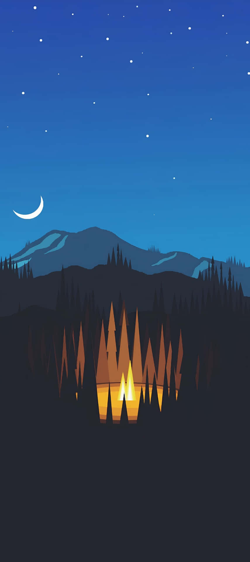  壁紙 — 發光的營火照亮了夜晚的森林，背景是新月、星空和遠山。