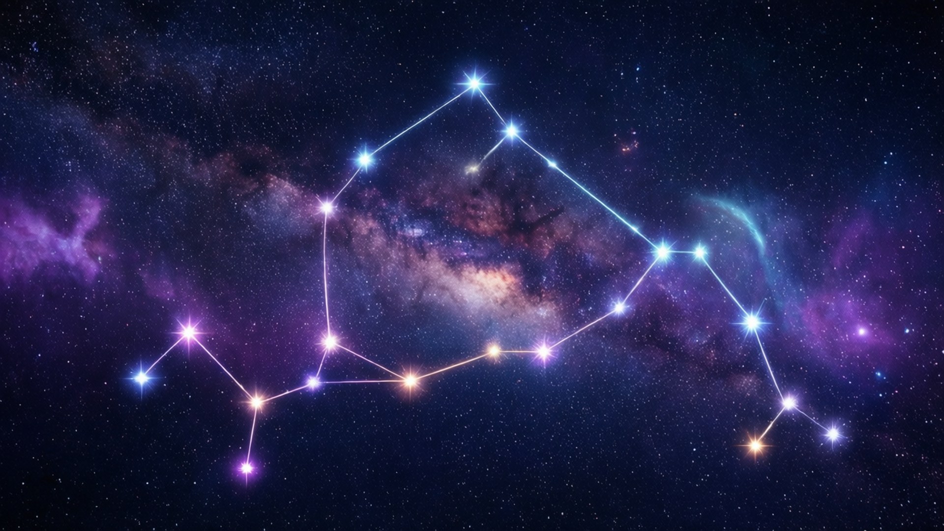 雙魚座 桌布 壁紙 — 一個發光的星座輪廓在充滿紫色和藍色星雲的夜空背景下明亮閃耀。