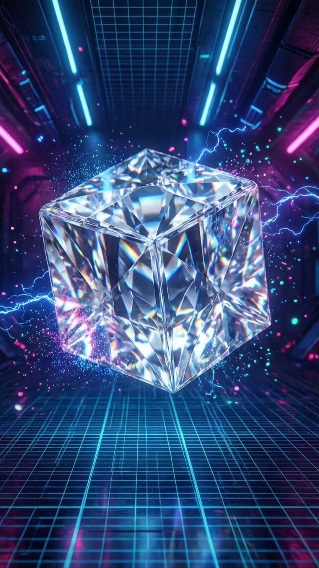 Neon Diamond Grid 壁紙 — 一個發光的水晶立方體懸浮在充滿電火花和網格線的霓虹燈光 cyberpunk 走廊中。
