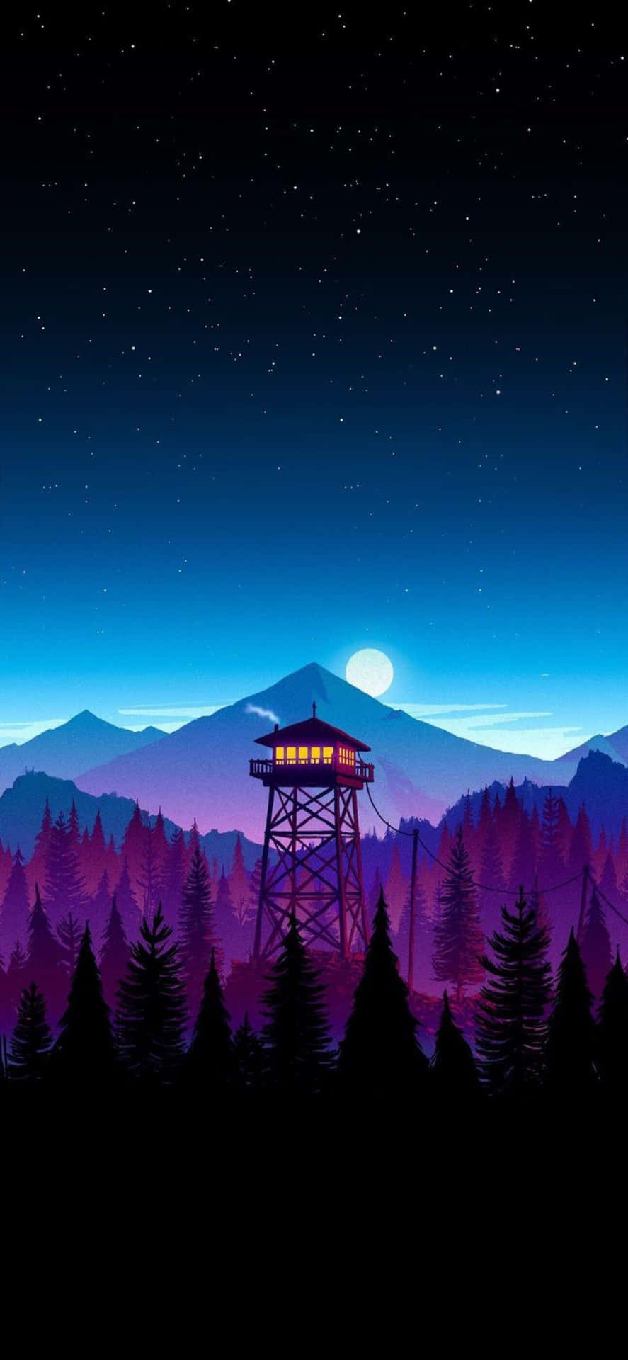 壁紙 — 一座發光的防火瞭望塔矗立在松樹林中，夜空繁星點點，滿月高懸，紫色山巒環繞。