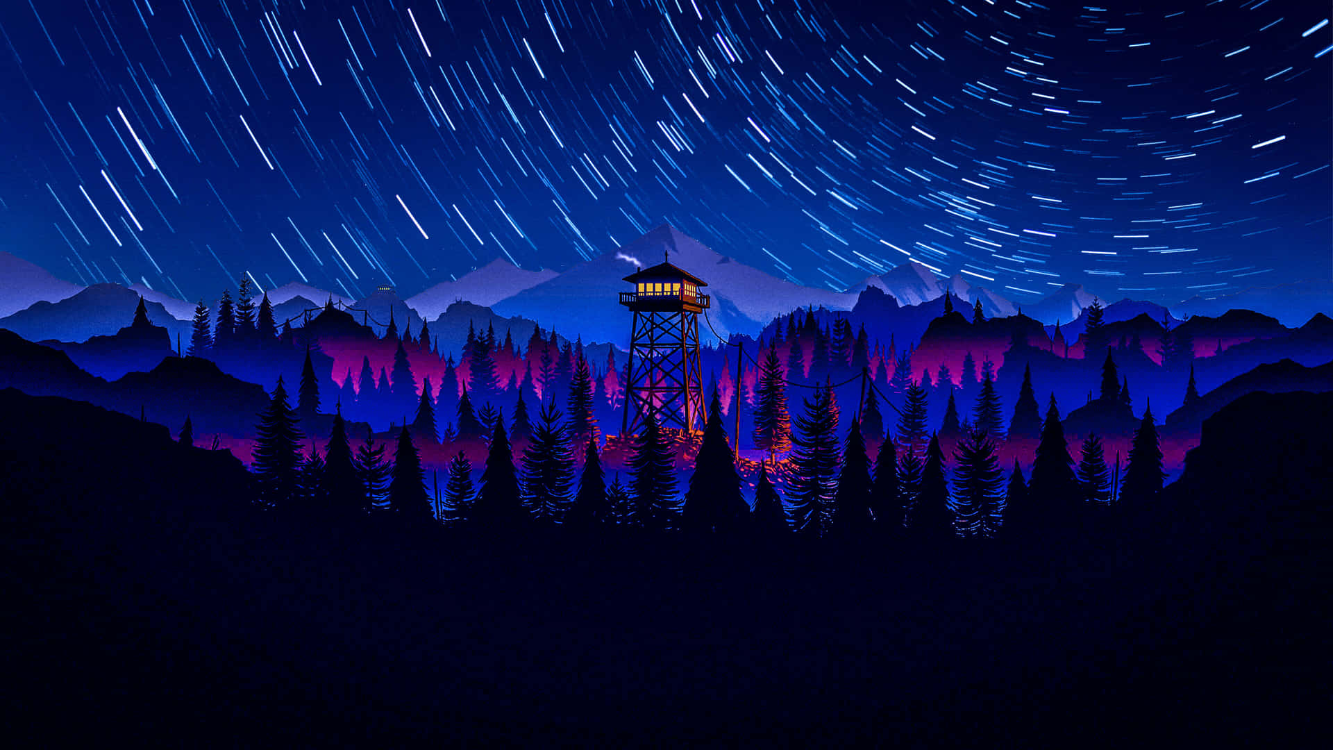 夜晚星軌下的森林防火瞭望塔