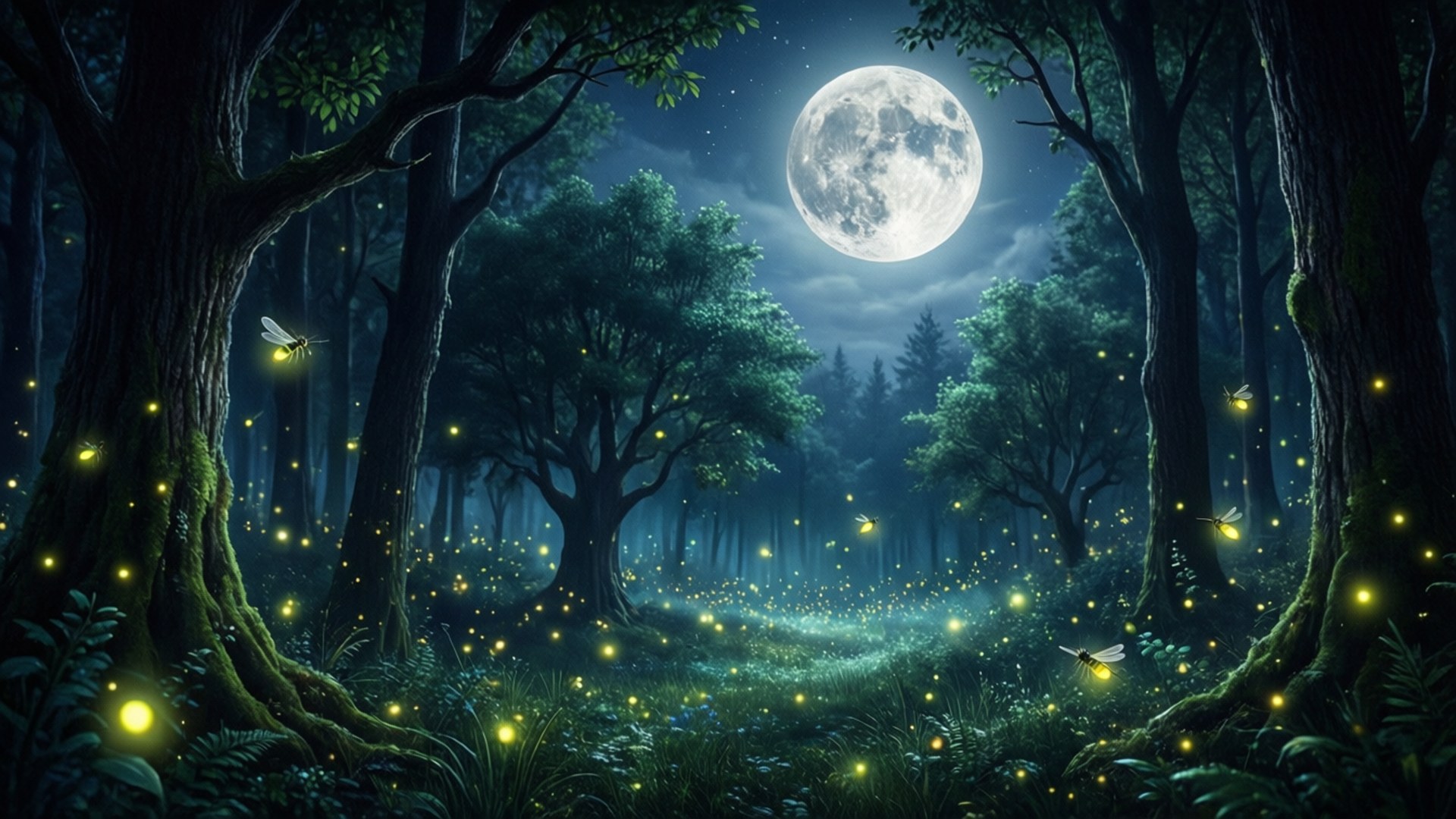 Glowing Firefly Forest 壁紙 — 月光下的森林小徑，螢火蟲在滿月下閃爍，柔和的光線穿過古樹。