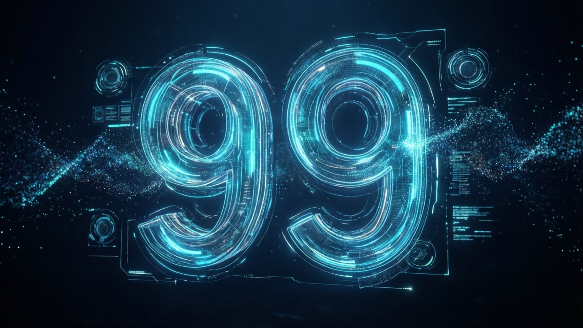 未來風格發光數字99，數位介面帶粒子效果
