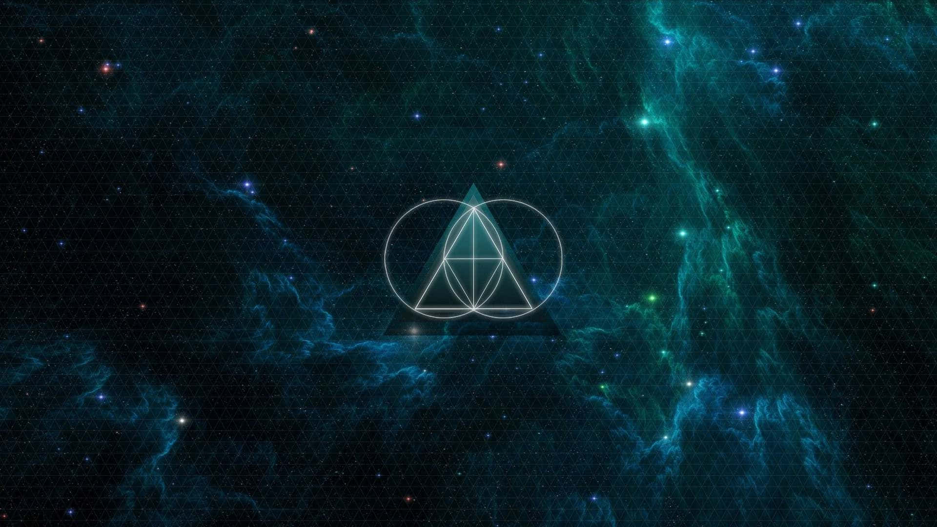  壁紙 — 一個發光的幾何符號漂浮在旋轉的藍綠色和黑色宇宙星雲中，星雲點綴著遙遠的星星。