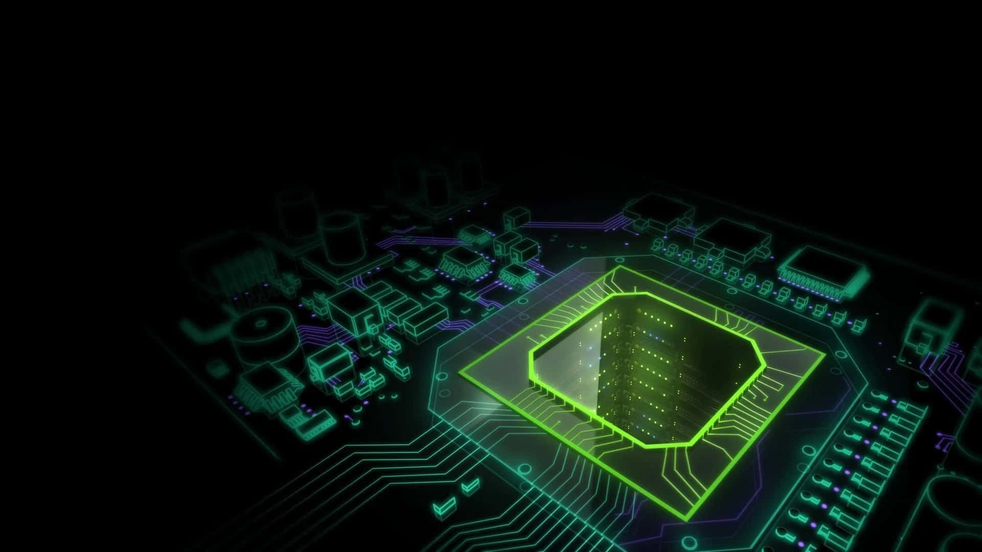  壁紙 — 發光綠色電路板，中央處理器在黑色背景上發亮。