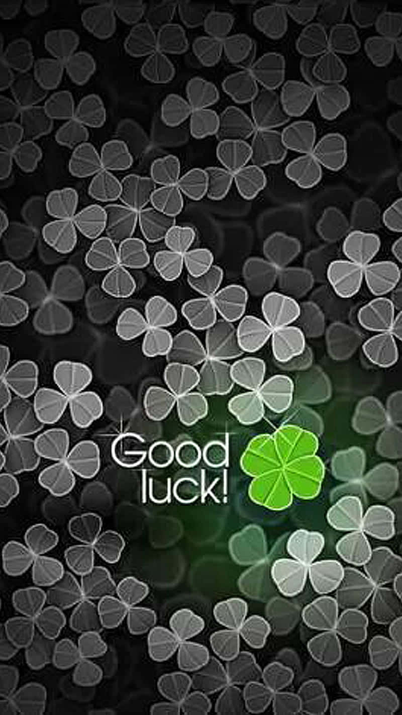  壁紙 — 發光的綠色四葉草在單色三葉草中脫穎而出，帶有「Good luck!」文字。