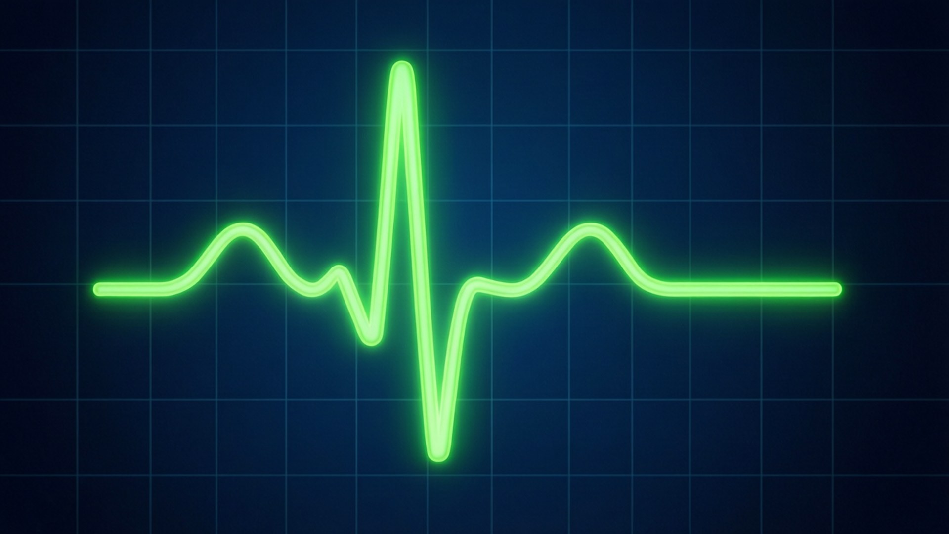 Ekg 桌布 壁紙 — 一條發光的綠色霓虹心跳線在深藍色網格背景上跳動。