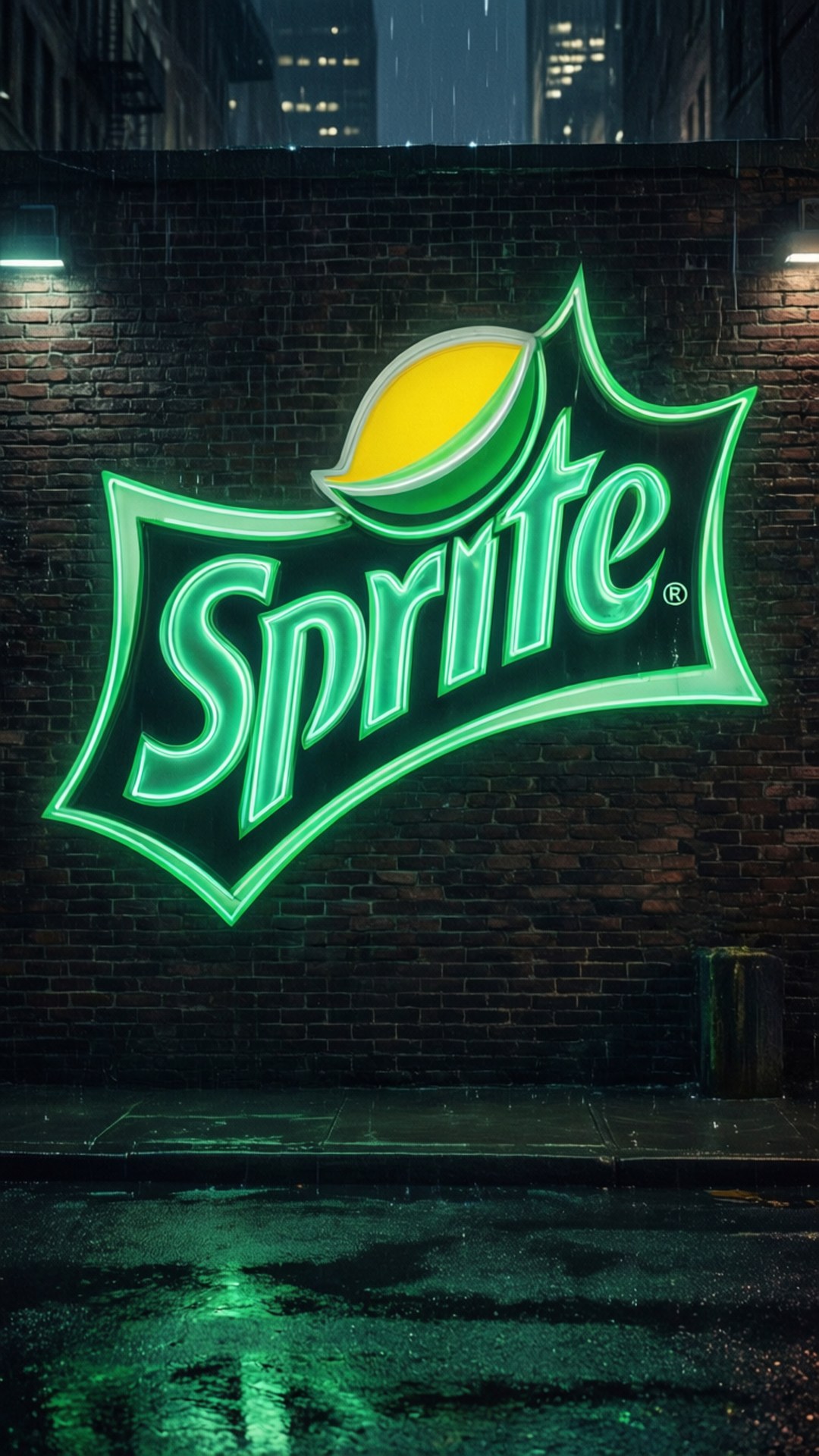 霓虹燈 Sprite 標誌在雨夜城市的濕磚牆上發光。
