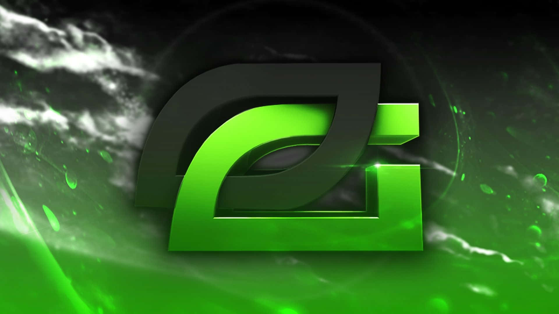 Optic Gaming 桌布 壁紙 — 一個發光綠色風格標誌，帶有金屬光澤，置於帶有綠色粒子的深色漩渦背景上。