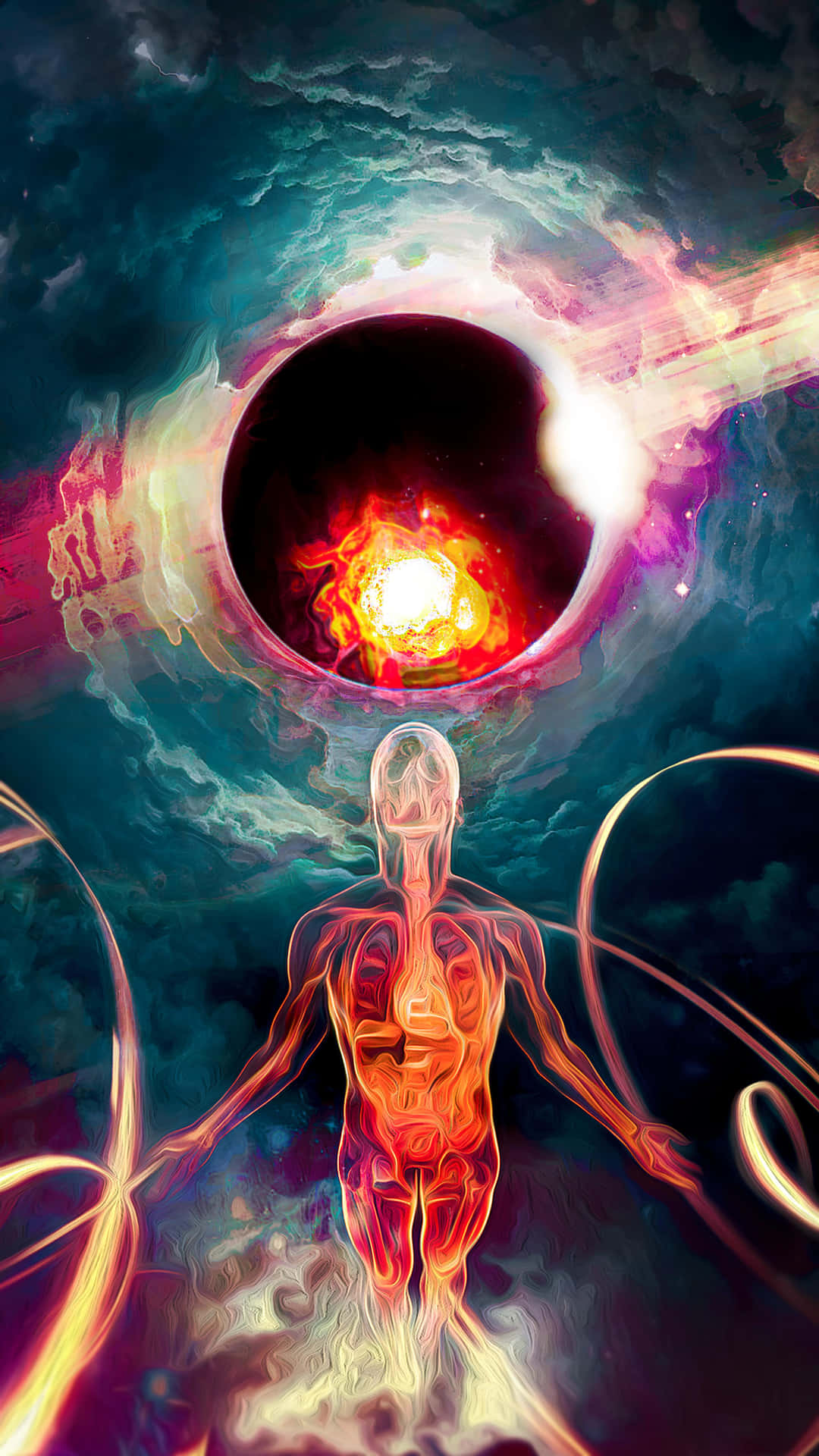  壁紙 — 一個發光的人形身影站在一個宇宙漩渦前，漩渦散發出火焰般的光芒，背景是旋轉的青綠色和紫色星雲。