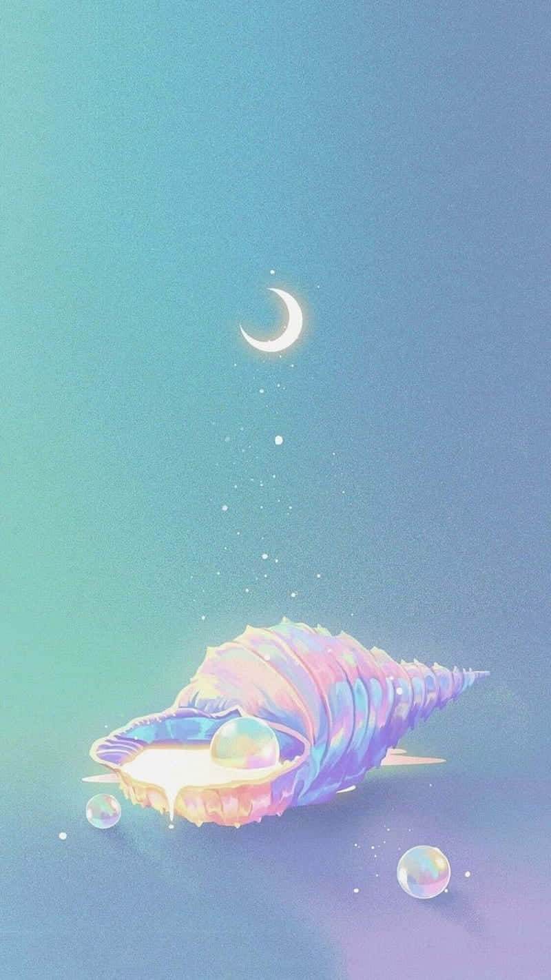  壁紙 — 一個發光的彩虹色貝殼在彎月下懷抱著一顆珍珠，背景是夢幻的漸變天空。