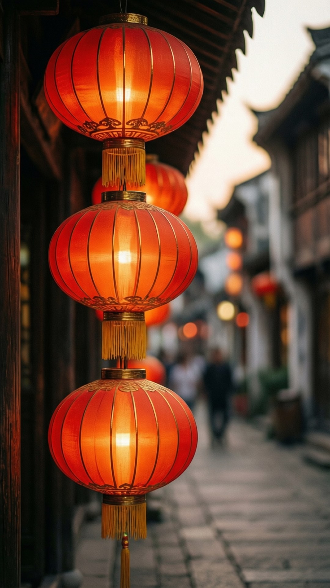 三盞發光的紅色燈籠在黃昏時掛在傳統石巷中。