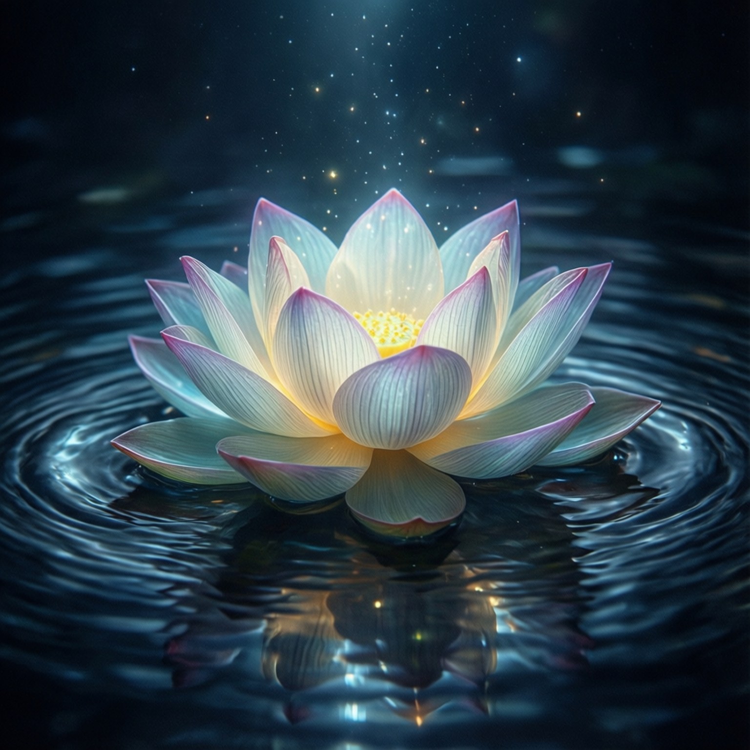 發光蓮花漂浮在黑暗水面上，上方有星狀粒子。
