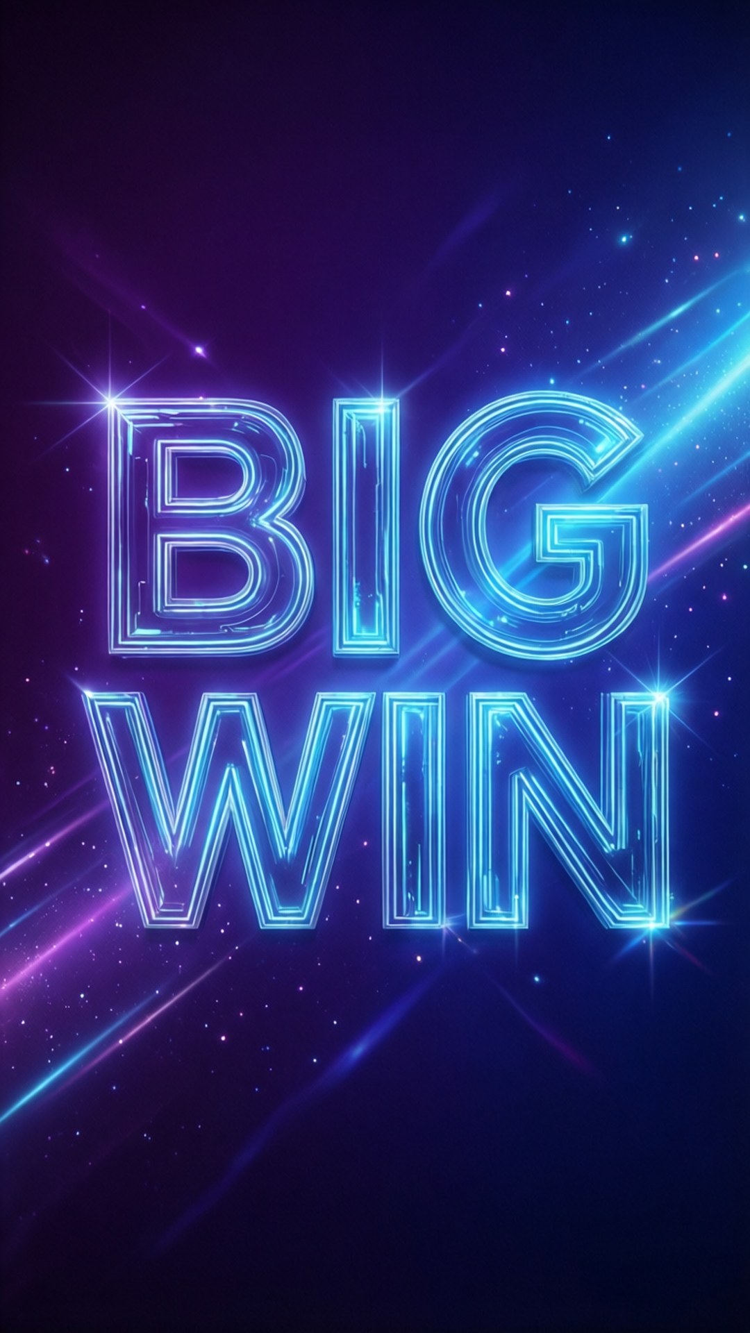 桌布 壁紙 — 發光的霓虹藍色「BIG WIN」文字在宇宙紫色和藍色星空中脈動，伴隨著耀眼的光線條紋。