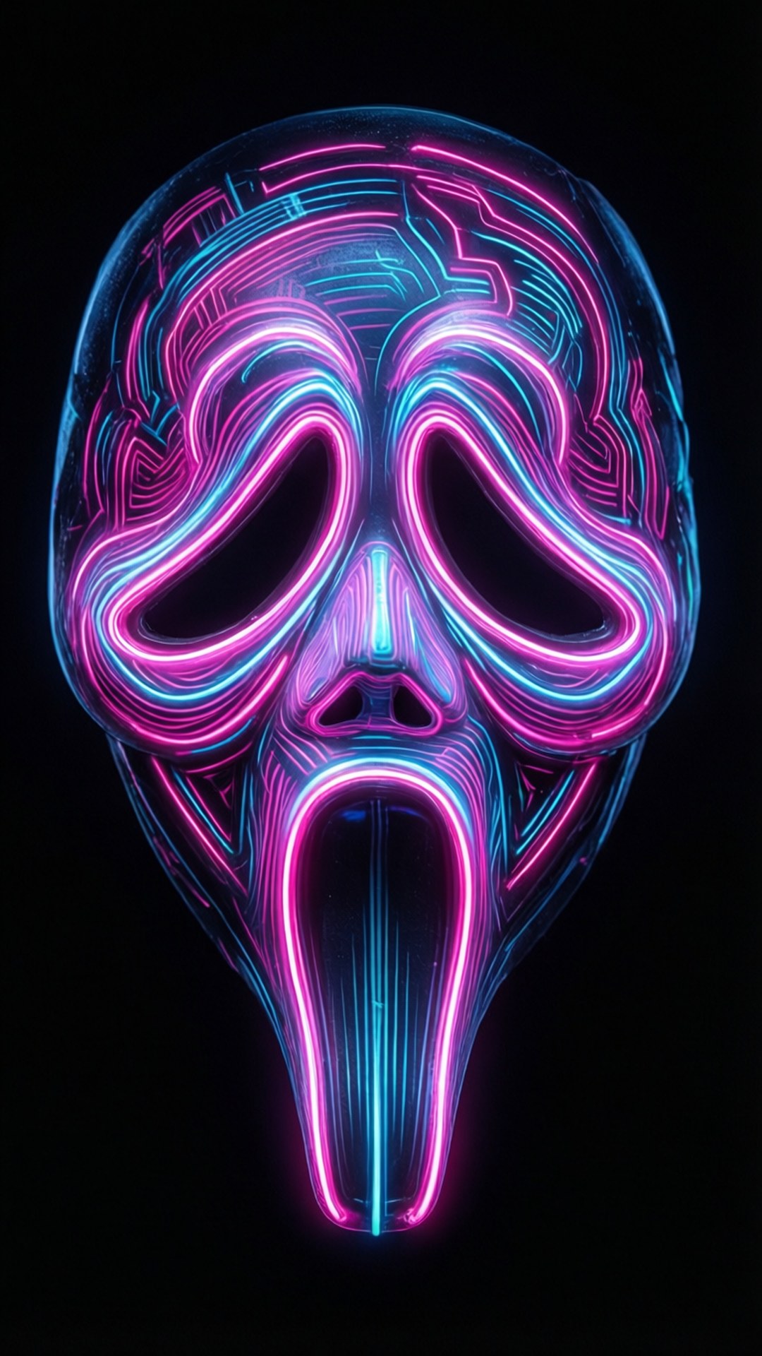 Scream iPhone 桌布 壁紙 — 一個發光的霓虹面具，帶有粉紅色和藍色電路般的圖案，背景為黑色。