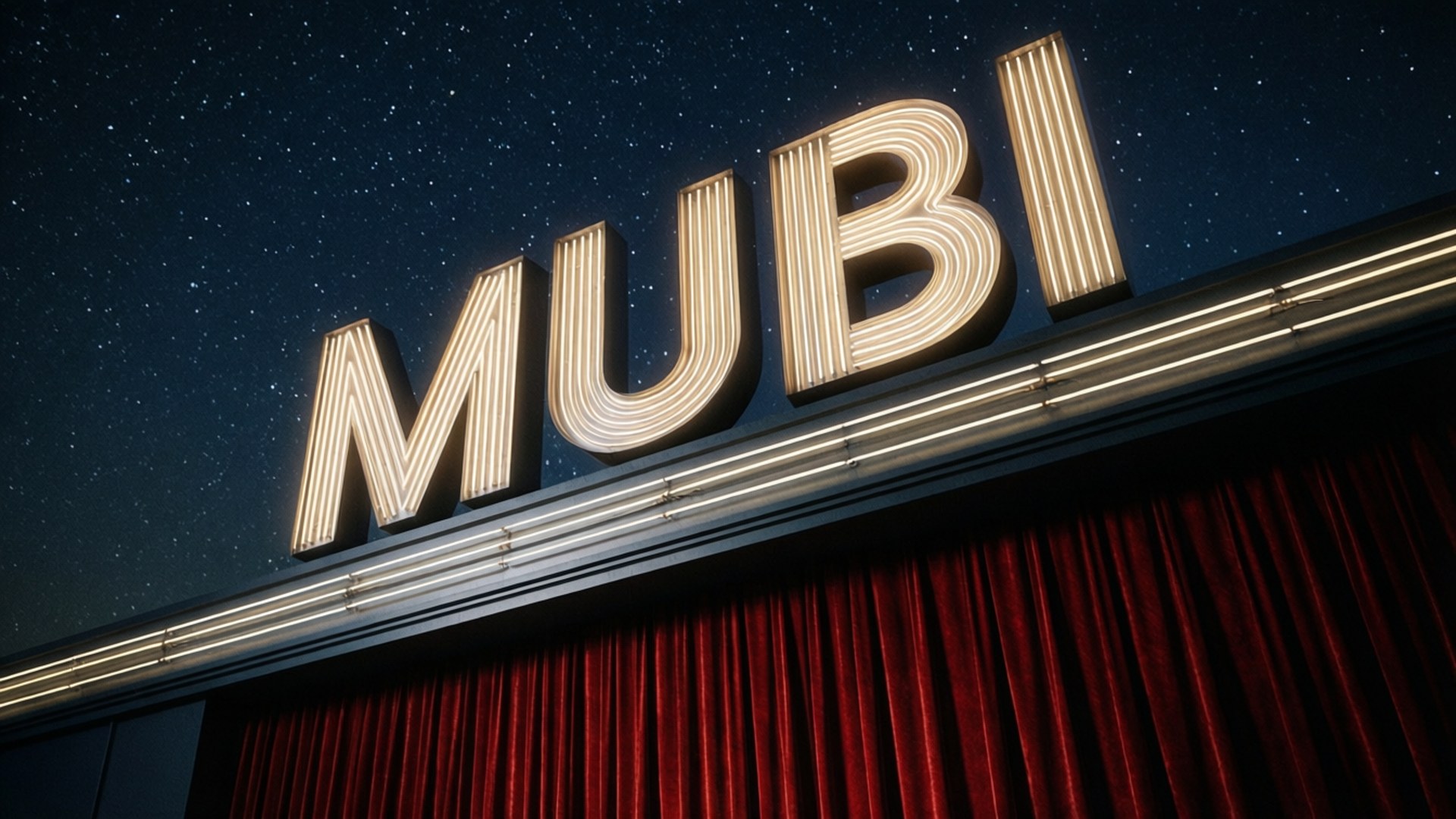 Mubi 桌布 壁紙 — 發光的霓虹 MUBI 標誌照亮了星夜，上方是濃郁的紅色劇院幕布。