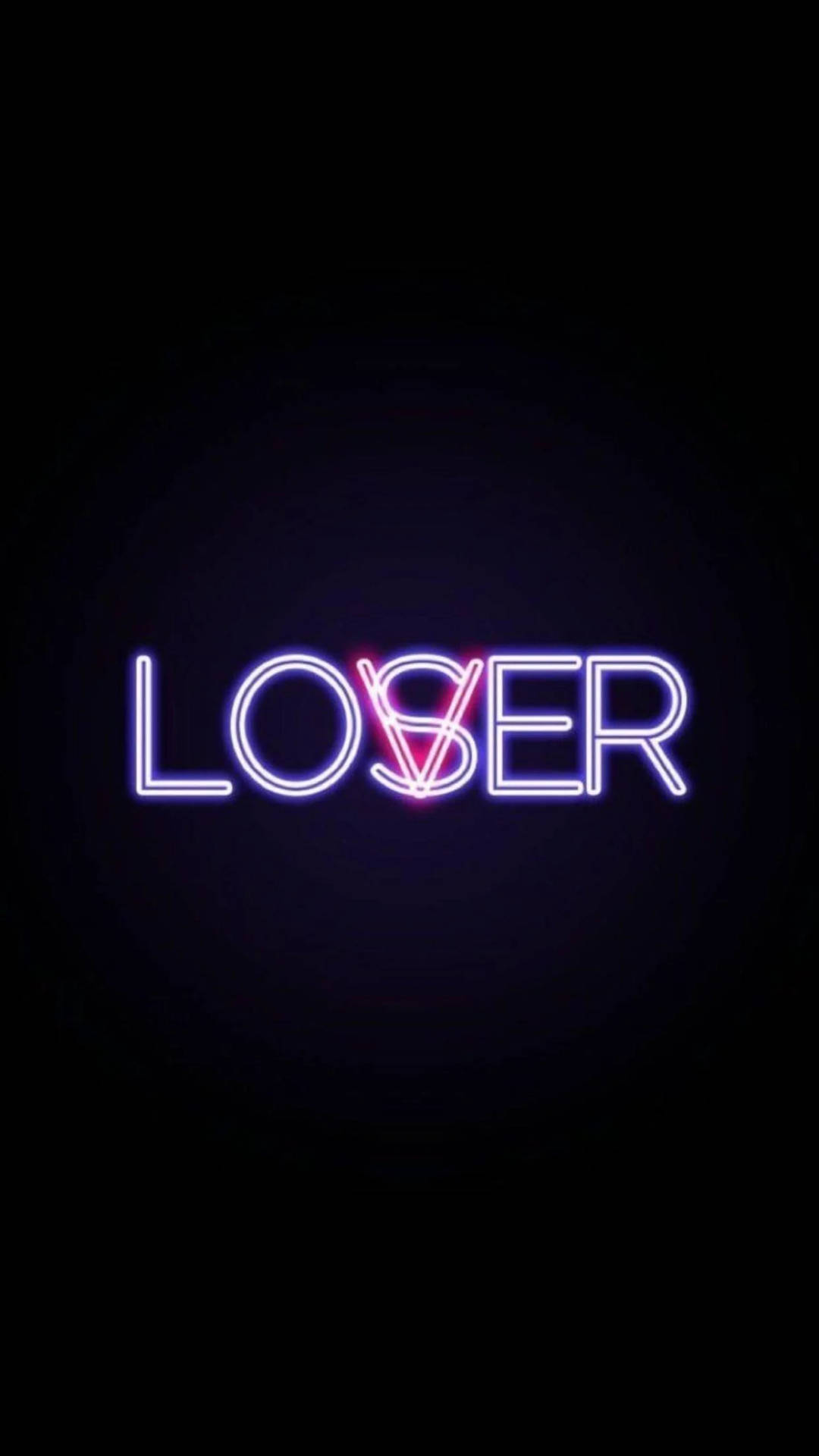 霓虹燈牌在黑色背景上以紫色和粉紅色顯示 LOSER。