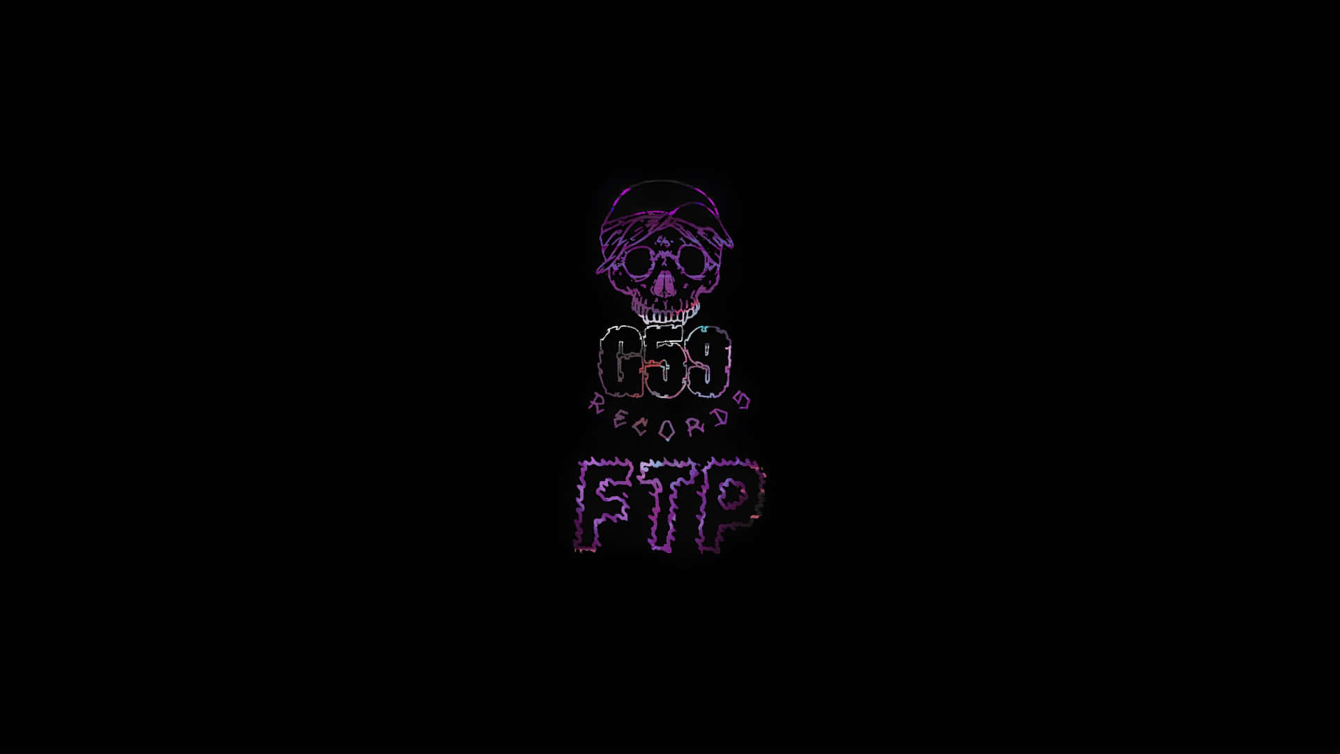  壁紙 — 一個發光的霓虹骷髏標誌，帶有「659 RECORDS FTP」文字，在漆黑背景上脈動。