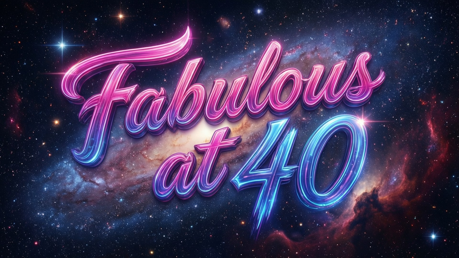 霓虹招牌顯示Fabulous at 40，背景為色彩繽紛的星空。