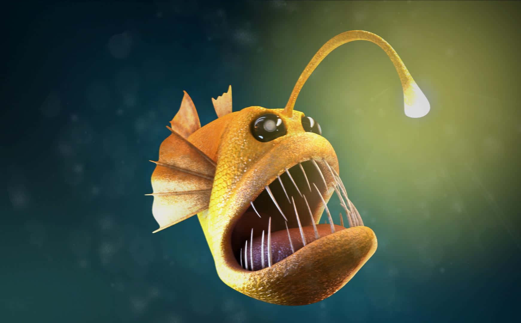 Anglerfish 桌布 壁紙 — 一條發光的橙色琵琶魚，擁有鋒利的牙齒和生物發光的誘餌，在黑暗的海水中游動。