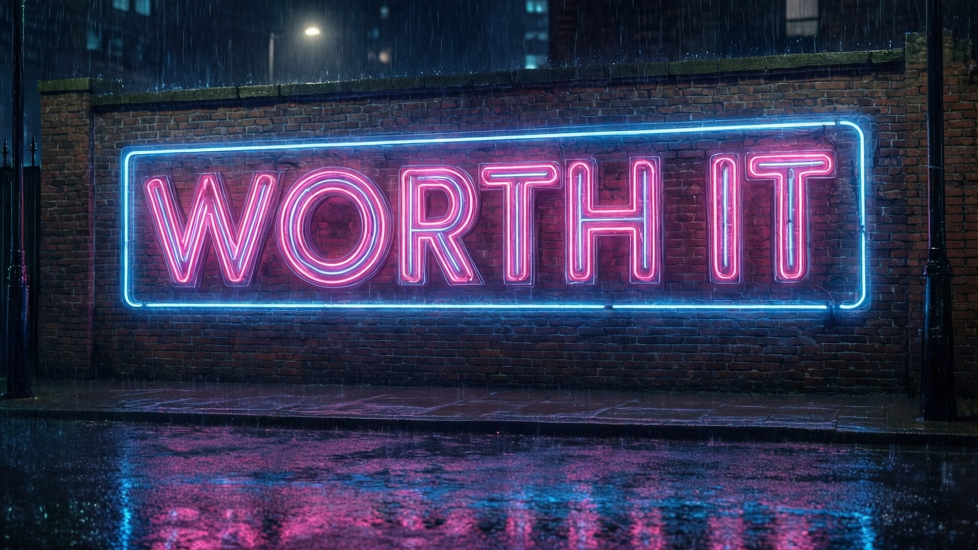 霓虹燈牌寫著 worth it，在夜間的雨中在濕磚牆上發光。