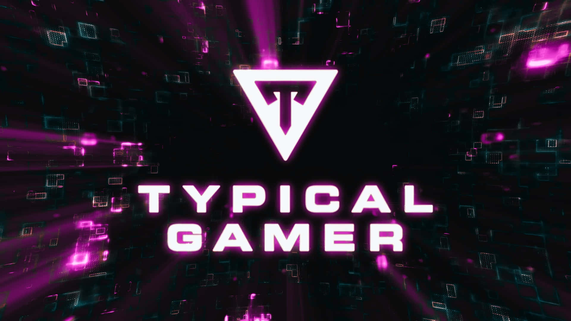  壁紙 — 一個發光的粉紅色和青綠色數碼標誌，帶有「TYPICAL GAMER」文字，在充滿浮動像素方塊的黑暗背景上散發光芒。