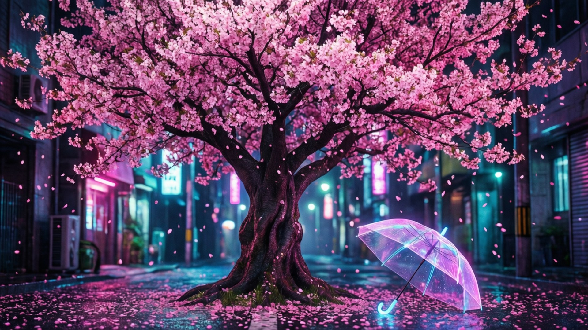 美學藝術 桌布 壁紙 — 一棵發光的粉紅櫻花樹矗立在霓虹燈閃爍的都市小巷中，雨水落下，花瓣圍繞著發光的雨傘飄舞。