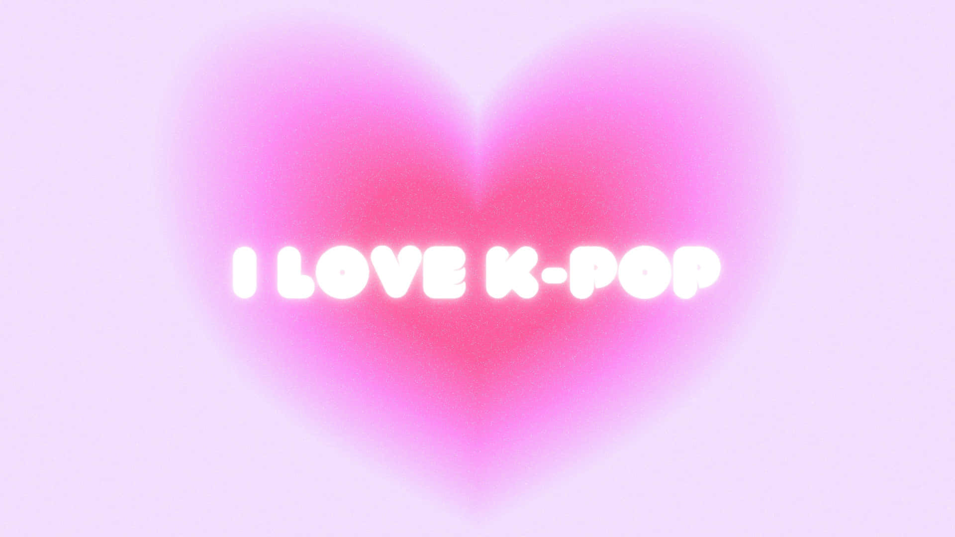  壁紙 — 一個發光的粉紅色心形，上面有白色文字寫著 I LOVE K-POP，背景是柔和的薰衣草色。