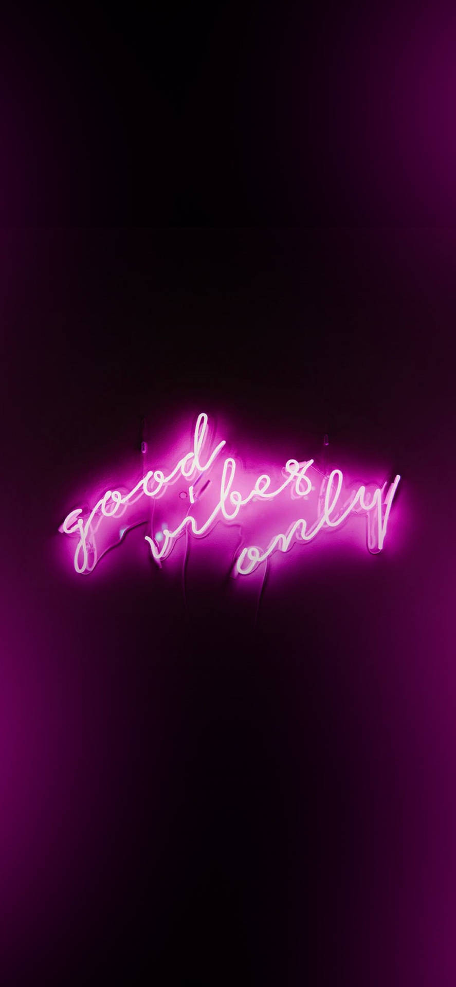 粉紅色霓虹燈牌寫著 good vibes only，在深紫色背景上發光