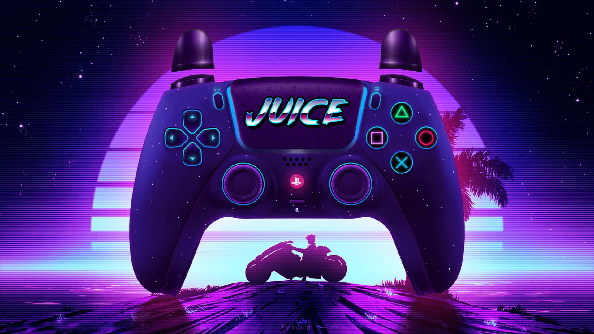  壁紙 — 一個發光的紫色遊戲控制器，帶有 'JUICE' 文字，以電單車剪影和棕櫚樹的霓虹日落為背景。