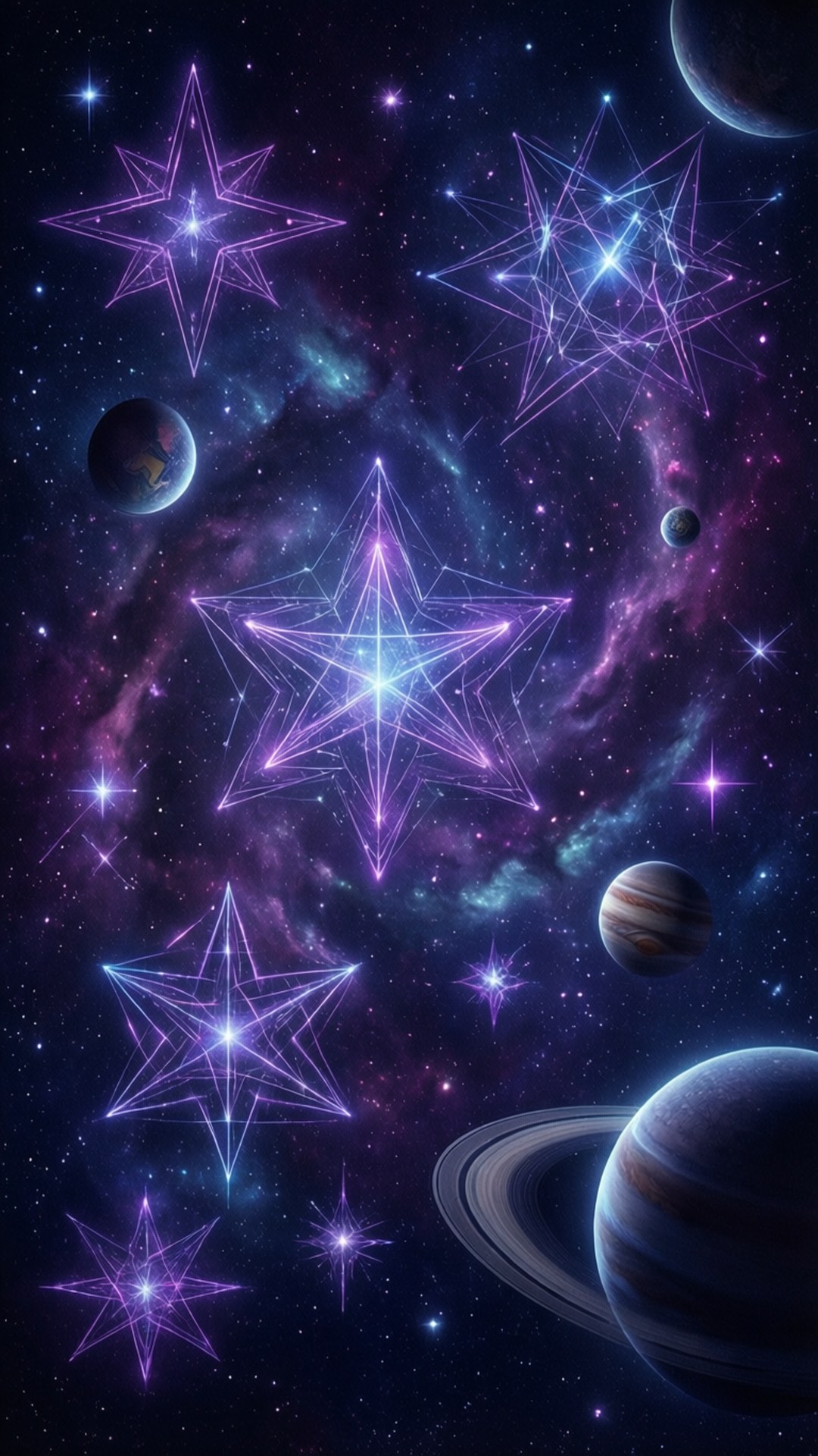 紫色幾何星星在深空中於行星和色彩繽紛的星雲之間閃耀。