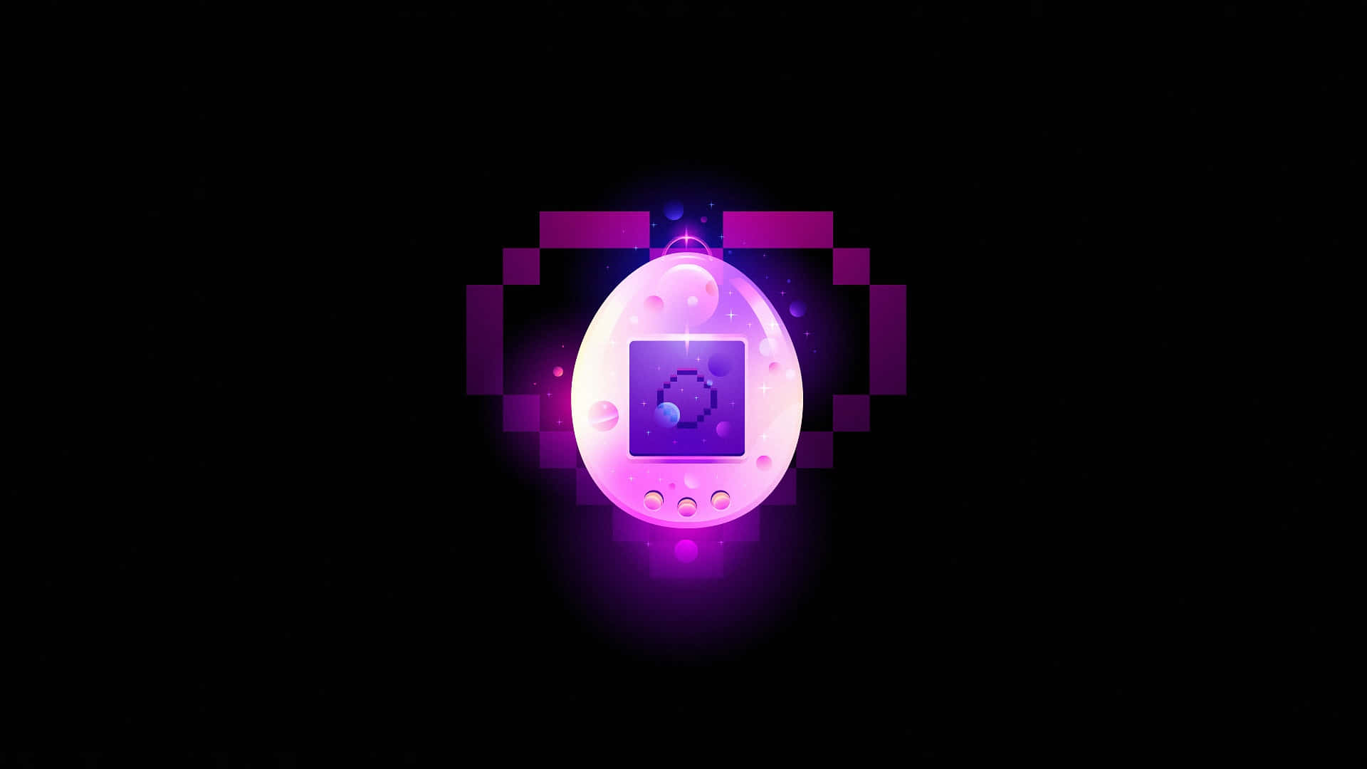  壁紙 — 一個發光的紫色像素化Tamagotchi蛋，帶有加載圖標，在黑色背景上脈動。