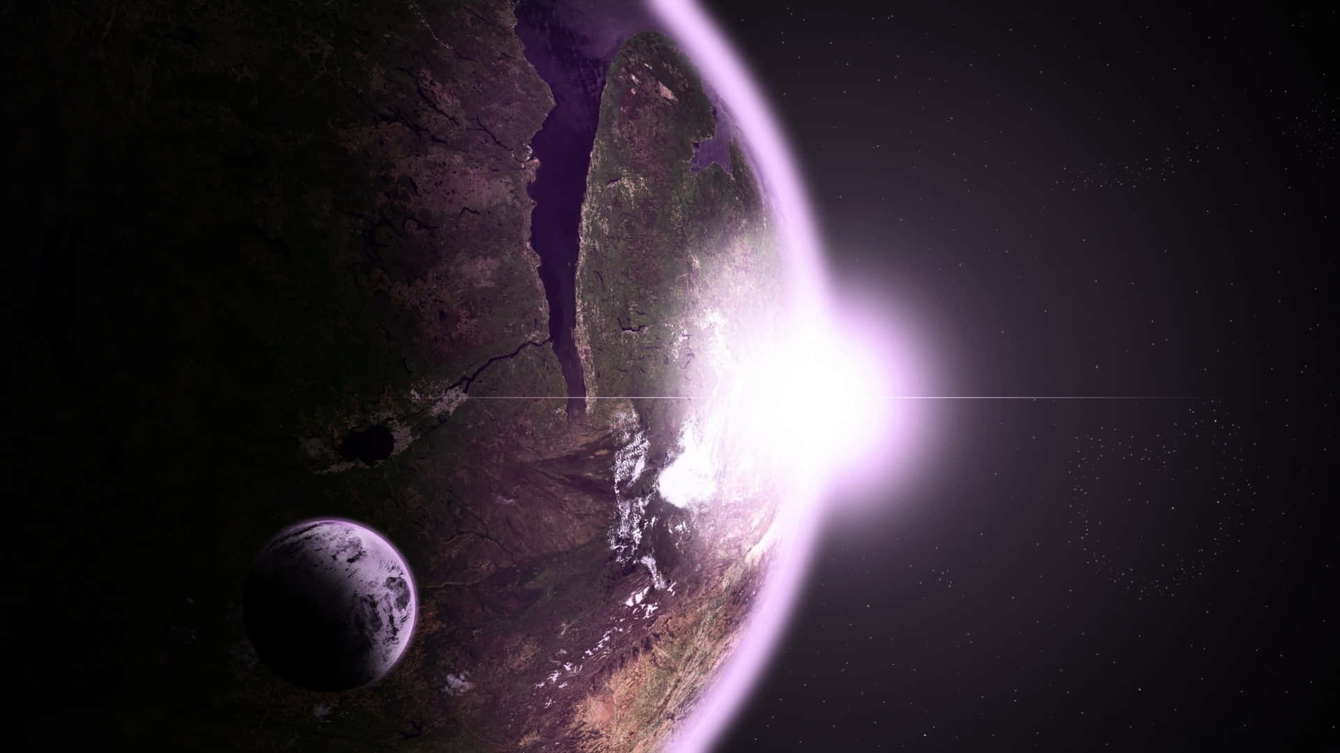  壁紙 — 一顆發光的紫色太陽在一個細節豐富的外星行星和附近一個較小的衛星上升起，背景是星空虛空。