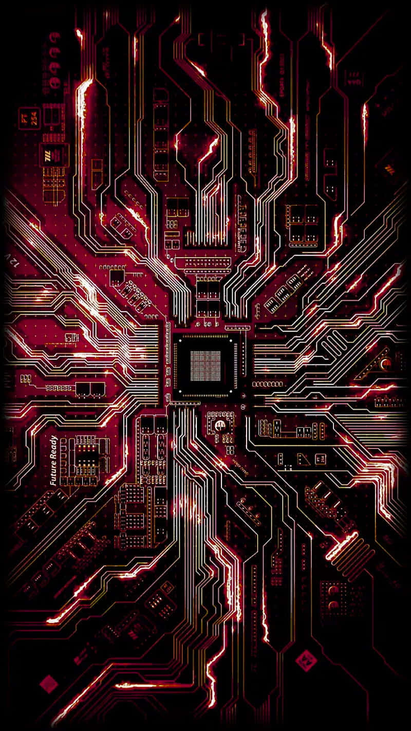 Retro Tech 桌布 壁紙 — 發光的紅色和黑色電路板，帶有複雜的路徑和散發數位能量的中央晶片。