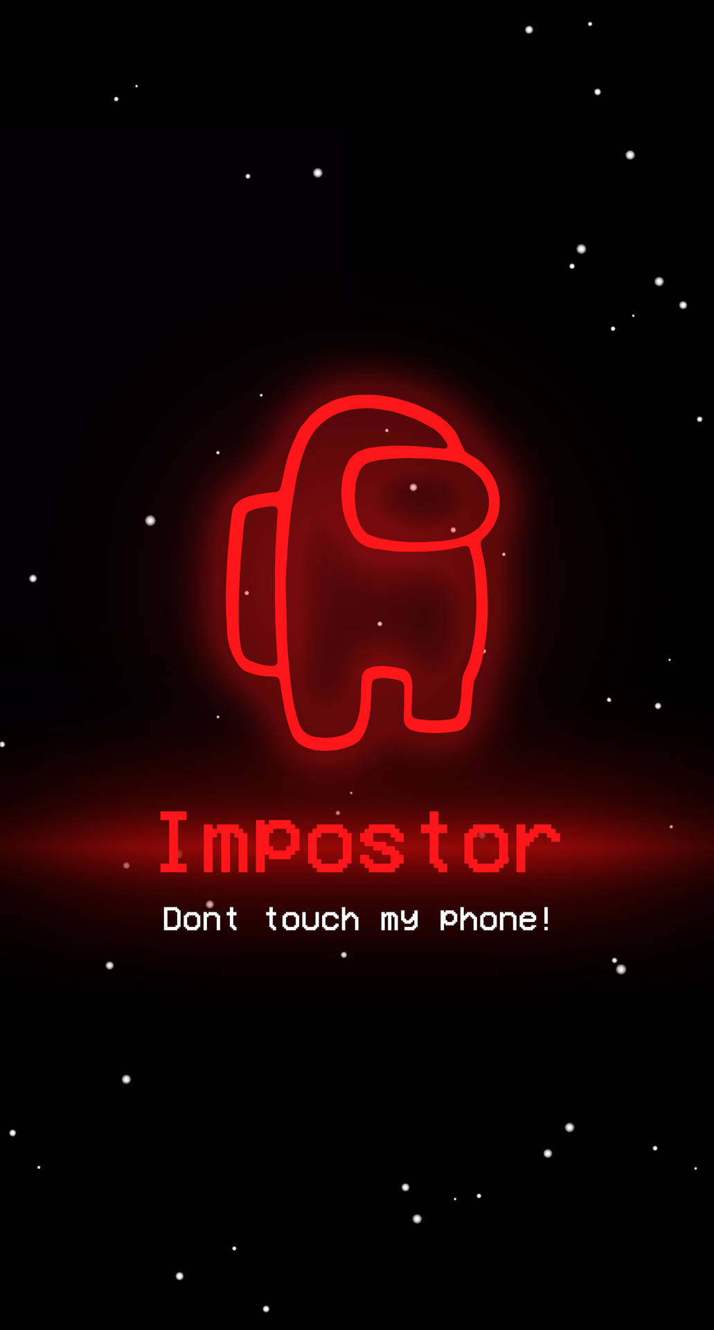 來自Among Us的紅色霓虹內鬼，星空背景上寫著「Impostor 唔好掂我電話！」。