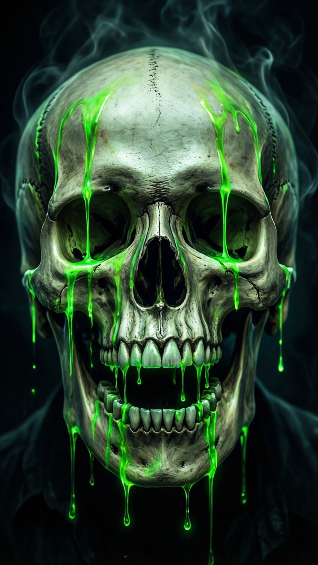 Glowing Skull Drip 壁紙 — 一個令人毛骨悚然的人類頭骨，發光的綠色粘稠液體沿著骨骼結構滴落，背景陰暗煙霧繚繞。
