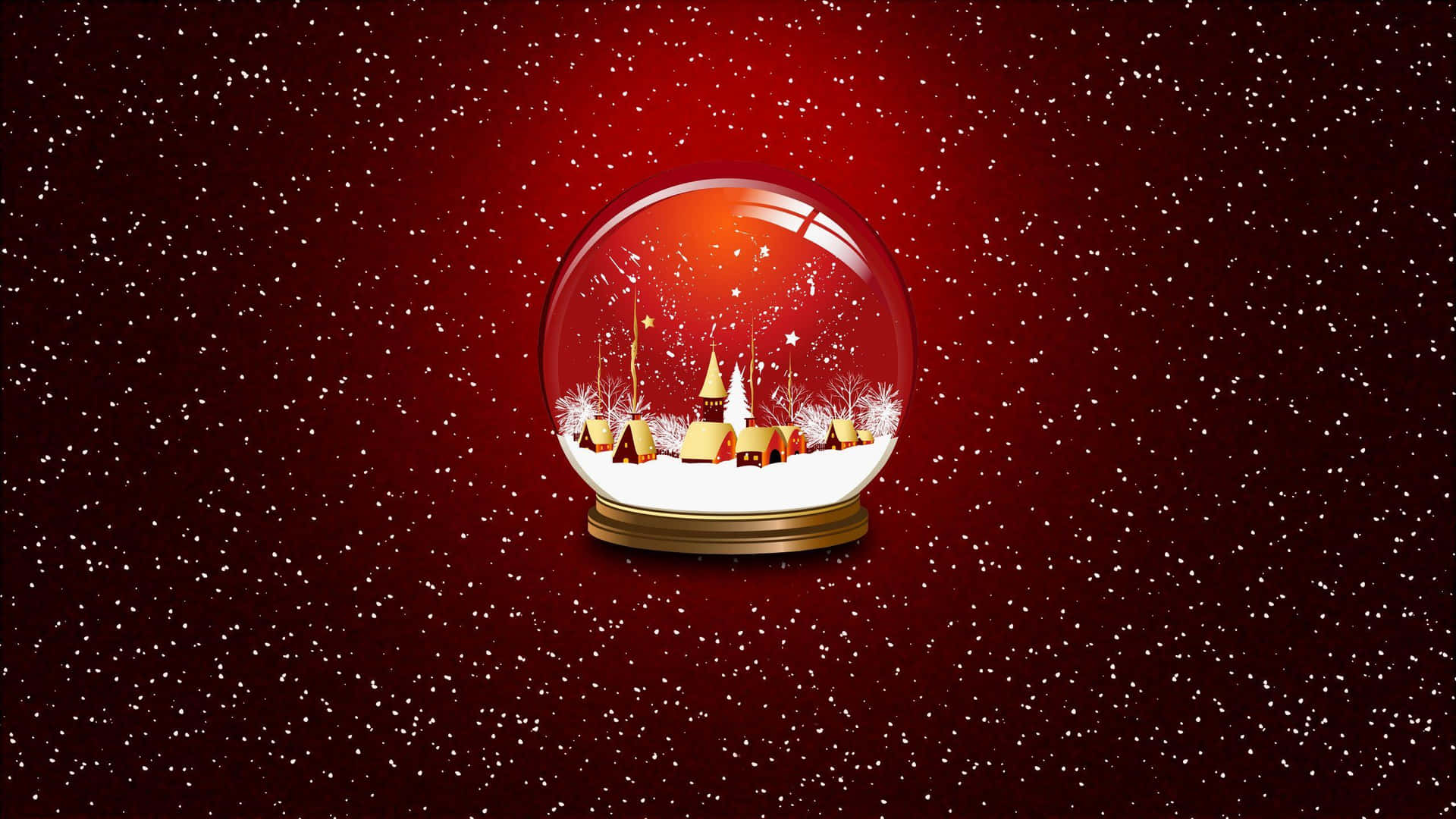  壁紙 — 一個發光的雪球，內有微型冬季村莊和煙火，漂浮在深紅色星空背景上。