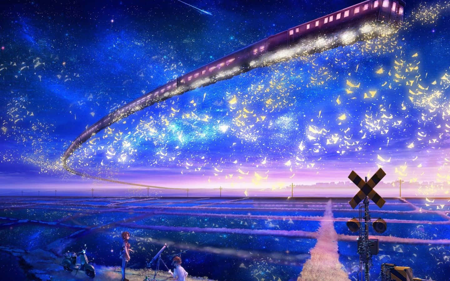  壁紙 — 一列發光的火車在繁星點點的夜空中劃出一道弧線，越過寧靜的田野，兩個人影仰望，充滿驚奇。