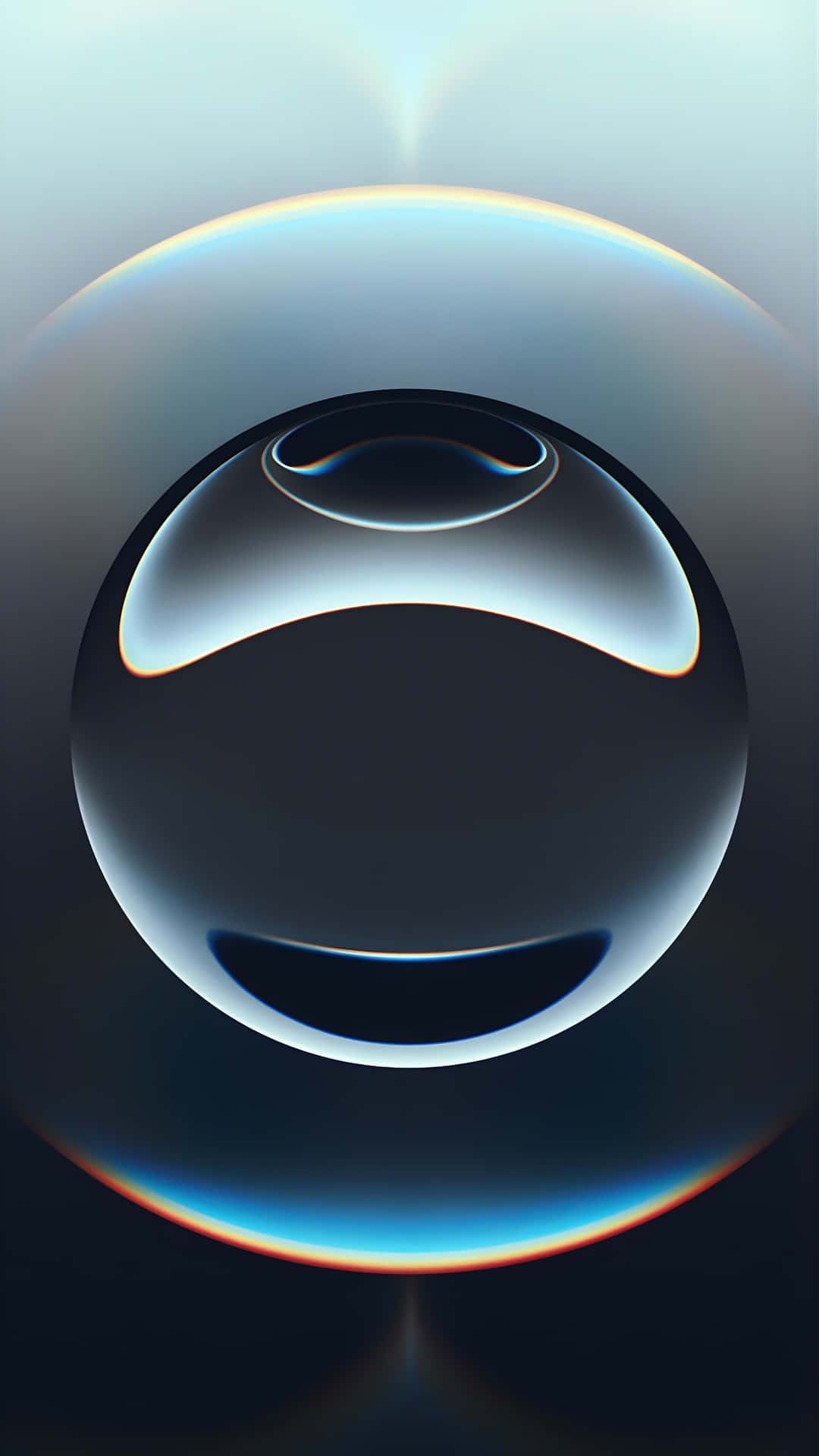  壁紙 — 一個發光的半透明球體，帶有微笑的臉，在漸變背景上折射光線。