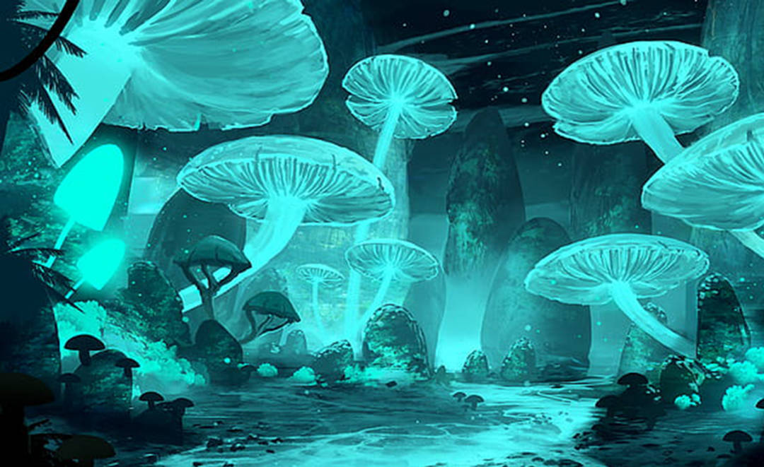 夜晚魔法森林中星光下發光的蘑菇