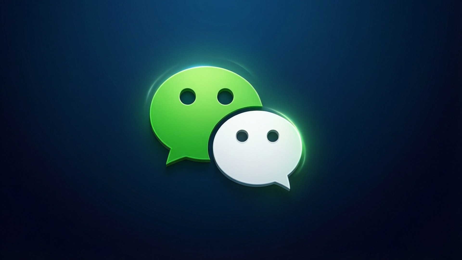 Glowing WeChat Logo 壁紙 — 兩個發光的綠色和白色對話氣泡在深藍色漸變背景上漂浮。