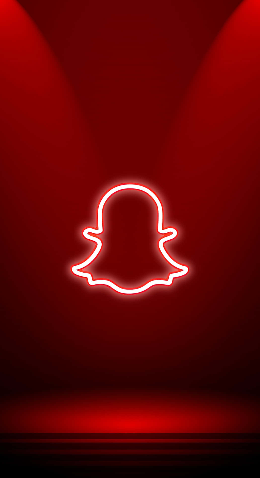  壁紙 — 發光白色霓虹燈Snapchat鬼魂標誌，居中於深紅色漸變背景，帶有聚光燈光束。