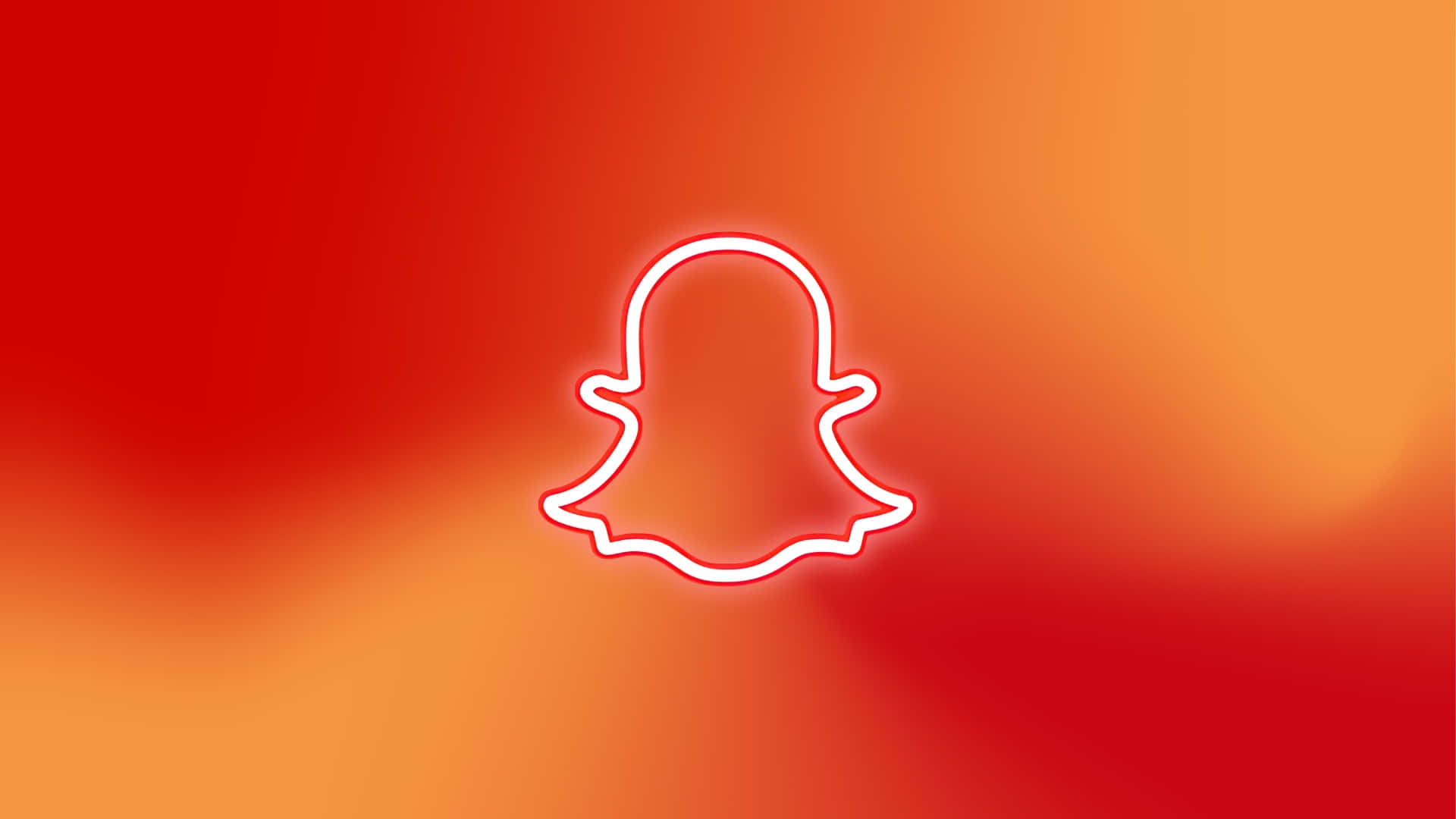  壁紙 — 發光白色霓虹燈輪廓的 Snapchat 鬼魂標誌，居中在鮮豔的紅到橙漸變背景上。
