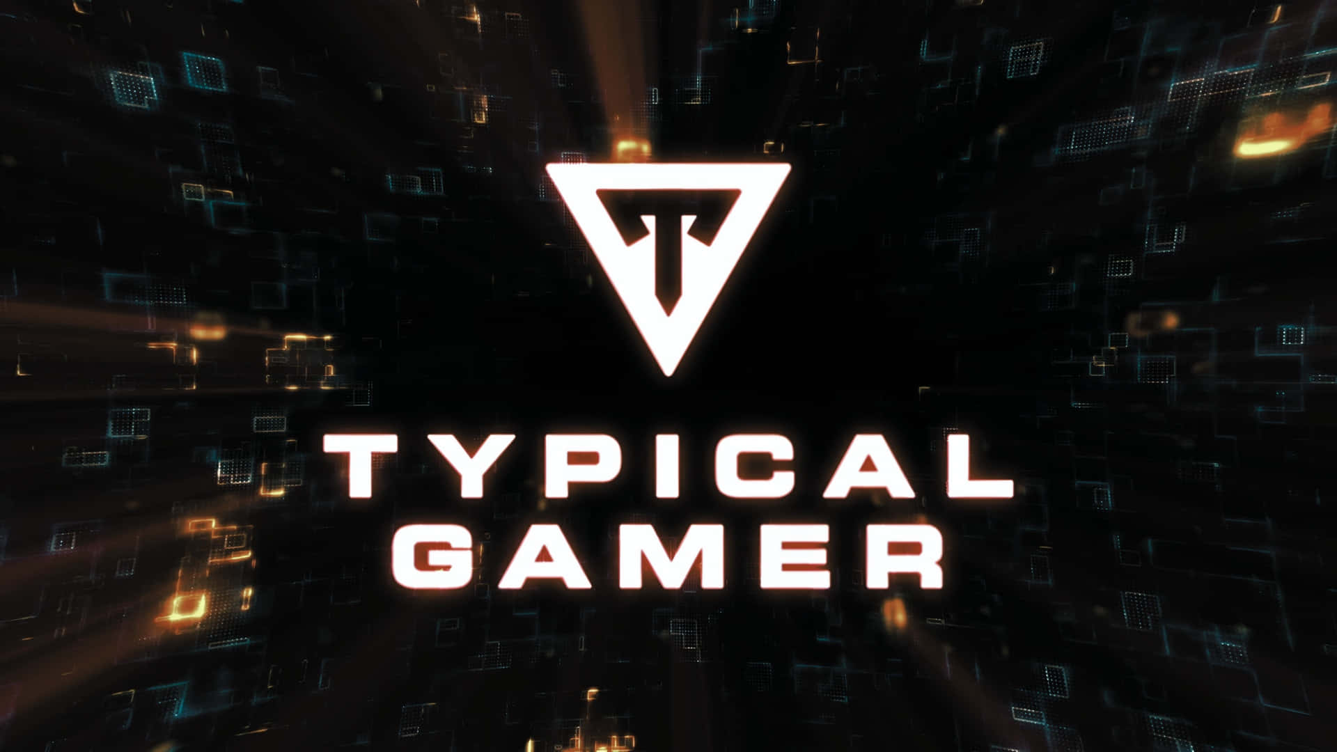  壁紙 — 一個發光的白色三角形標誌，帶有風格化的T和粗體文字 'TYPICAL GAMER'，背景是帶有浮動發光方塊的深色數位背景。